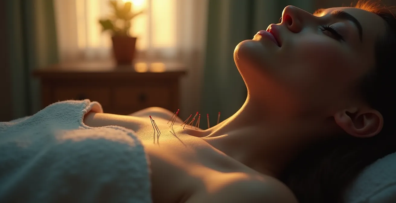 Personne recevant une séance d'acupuncture dans un cadre apaisant, mettant en valeur le soulagement de la douleur et la détente