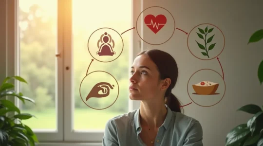 Illustration représentant une personne au Québec choisissant entre différentes approches complémentaires de santé, avec des symboles d'acupuncture, ostéopathie, naturopathie et médecine conventionnelle en arrière-plan