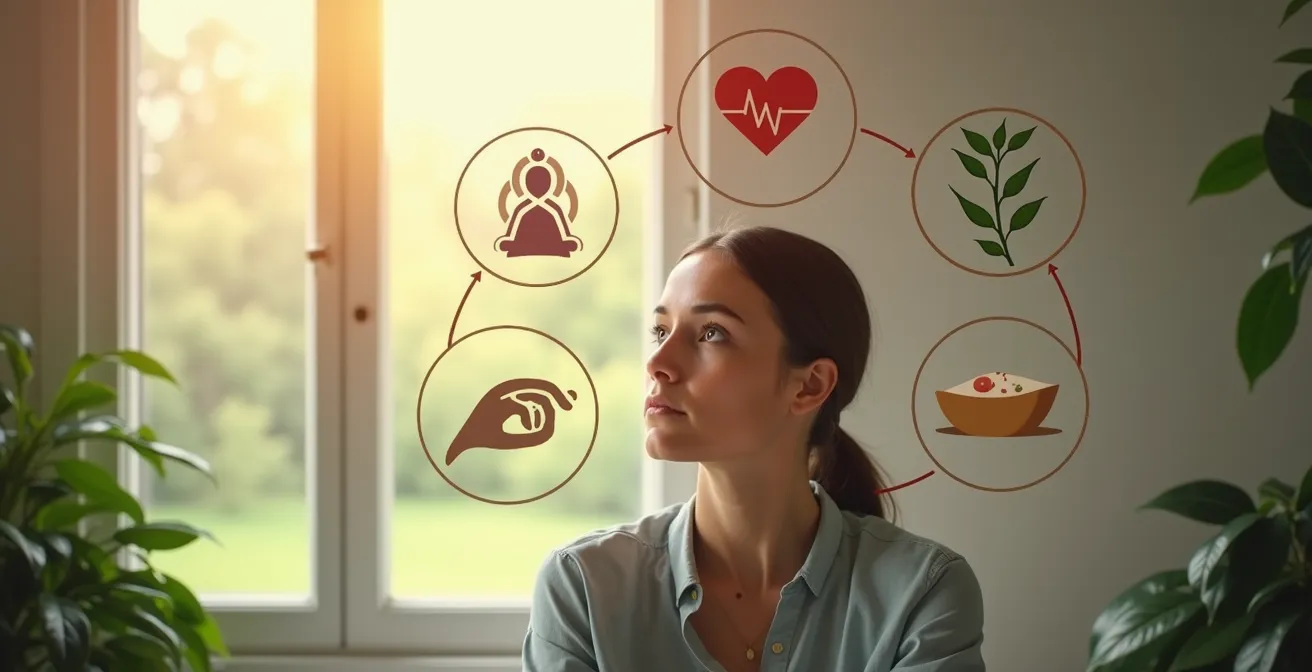 Illustration représentant une personne au Québec choisissant entre différentes approches complémentaires de santé, avec des symboles d'acupuncture, ostéopathie, naturopathie et médecine conventionnelle en arrière-plan