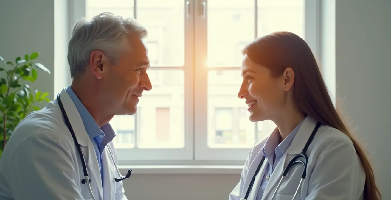 Un médecin et un patient engagés dans une discussion collaborative, symbolisant le partenariat diagnostique en médecine