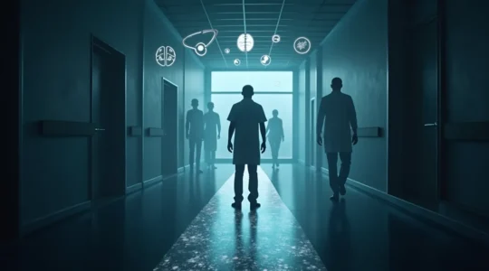 Illustration symbolique représentant un médecin naviguant à travers un labyrinthe de symptômes et d'analyses pour atteindre un diagnostic, évoquant le cheminement complexe du raisonnement clinique.