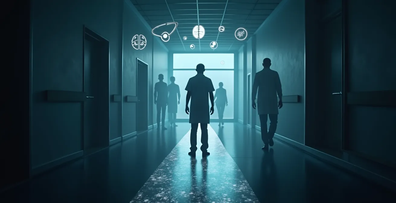 Illustration symbolique représentant un médecin naviguant à travers un labyrinthe de symptômes et d'analyses pour atteindre un diagnostic, évoquant le cheminement complexe du raisonnement clinique.