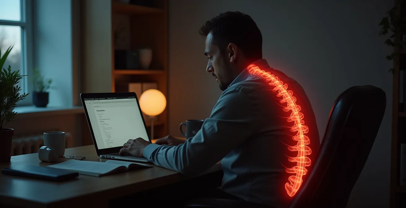 Illustration montrant une personne en télétravail avec des zones de douleurs au dos, cou, genou, et éléments symboliques représentant le stress et la posture
