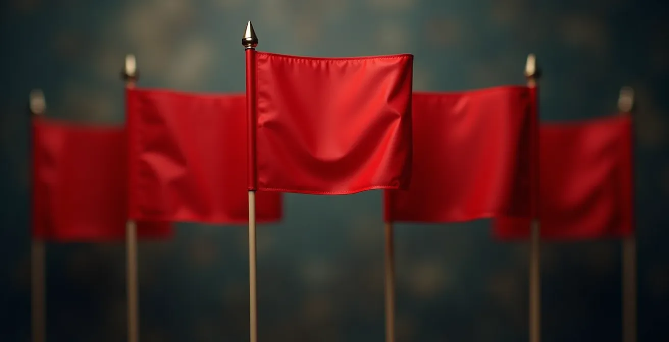 Illustration symbolique avec cinq drapeaux rouges représentant les signaux d’alarme avant de consulter un thérapeute alternatif