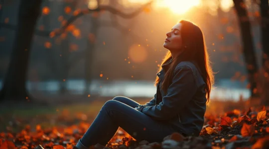 Illustration symbolique représentant une personne écoutant son corps avec des éléments naturels et corporels pour symboliser le bien-être physique