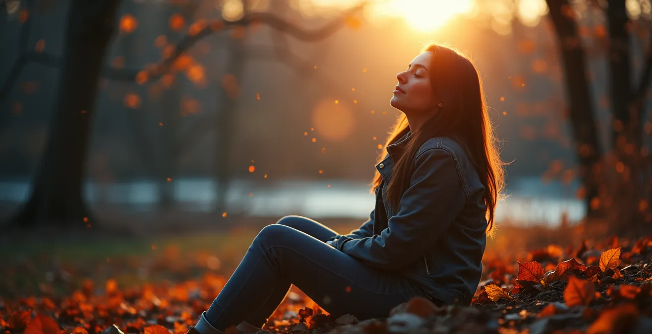 Illustration symbolique représentant une personne écoutant son corps avec des éléments naturels et corporels pour symboliser le bien-être physique