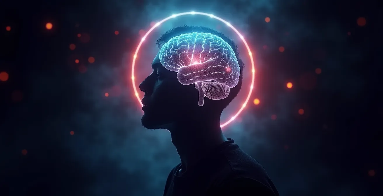 Image symbolique représentant l’effet placebo et l’influence de l’esprit sur la santé avec des silhouettes humaines et un cerveau lumineux.