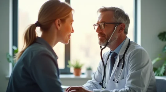 Un médecin attentif écoutant et observant un patient lors d'un examen clinique dans un cabinet médical moderne au Québec