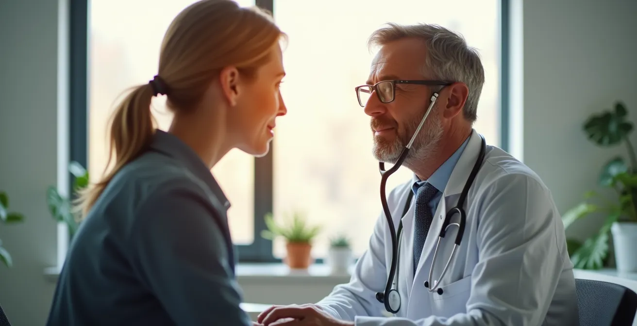 Un médecin attentif écoutant et observant un patient lors d'un examen clinique dans un cabinet médical moderne au Québec