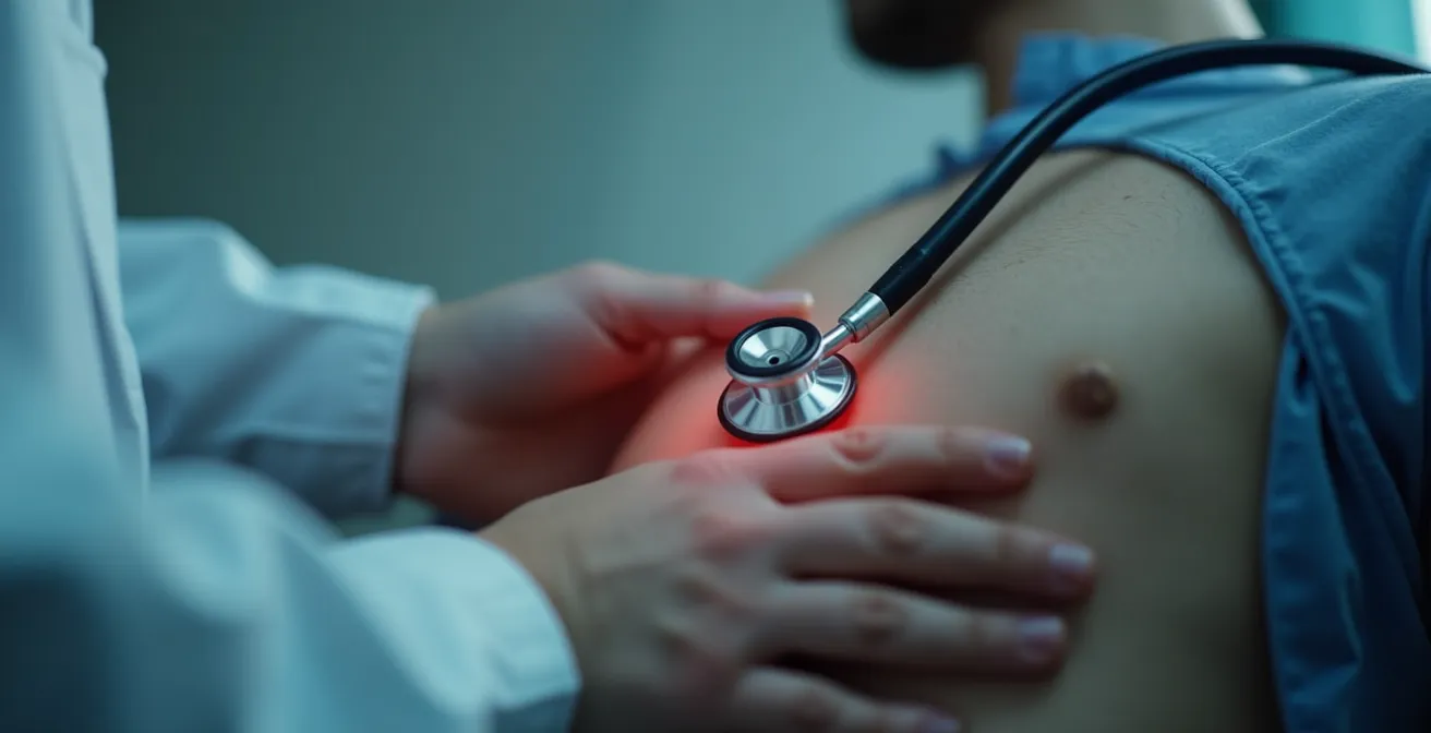 Un médecin réalisant une palpation abdominale et écoutant les bruits cardiaques d'un patient lors d'un examen clinique attentif