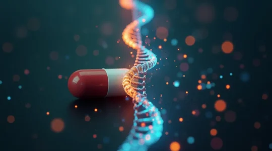 Illustration symbolique représentant la transition d'un traitement médical unique vers des soins personnalisés basés sur le profil génétique et les facteurs de vie d'un patient.