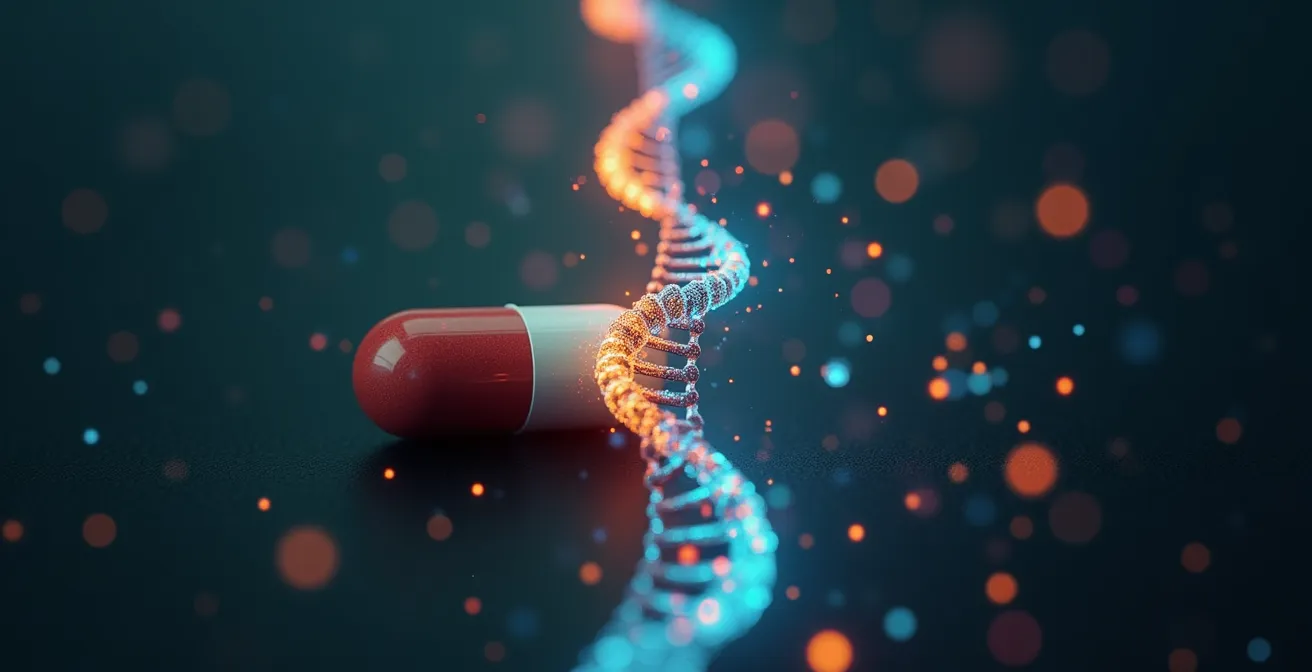 Illustration symbolique représentant la transition d'un traitement médical unique vers des soins personnalisés basés sur le profil génétique et les facteurs de vie d'un patient.