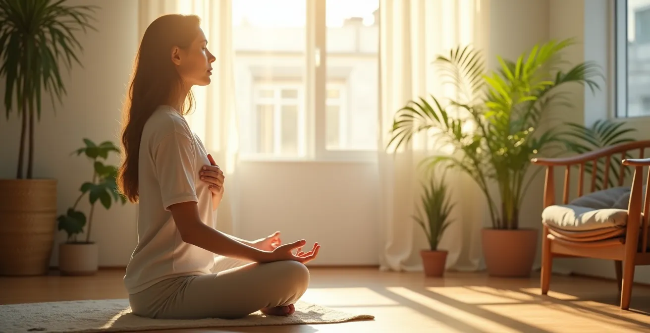 Personne utilisant des techniques de respiration et de cohérence cardiaque dans un salon apaisant.