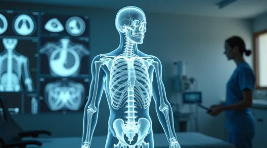 Représentation symbolique de différentes technologies d'imagerie médicale utilisées au Québec, montrant un corps humain en transparence avec des éléments visuels d'IRM, scanner, radio et échographie