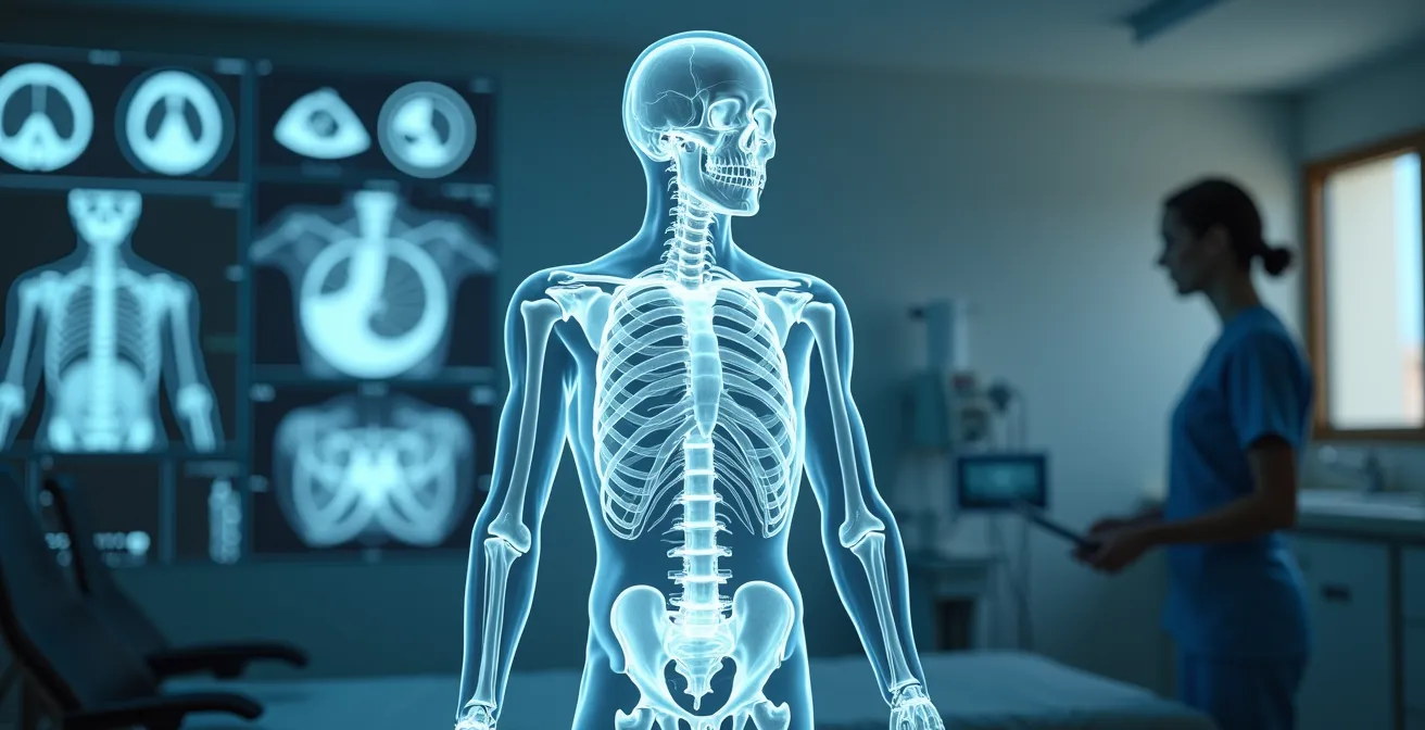 Représentation symbolique de différentes technologies d'imagerie médicale utilisées au Québec, montrant un corps humain en transparence avec des éléments visuels d'IRM, scanner, radio et échographie