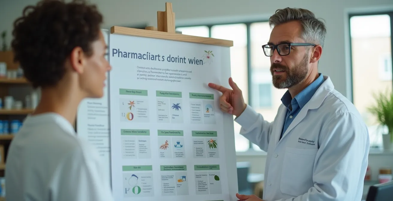 Illustration d'un pharmacien québécois conseillant un patient sur la sécurité des interactions plantes-médicaments