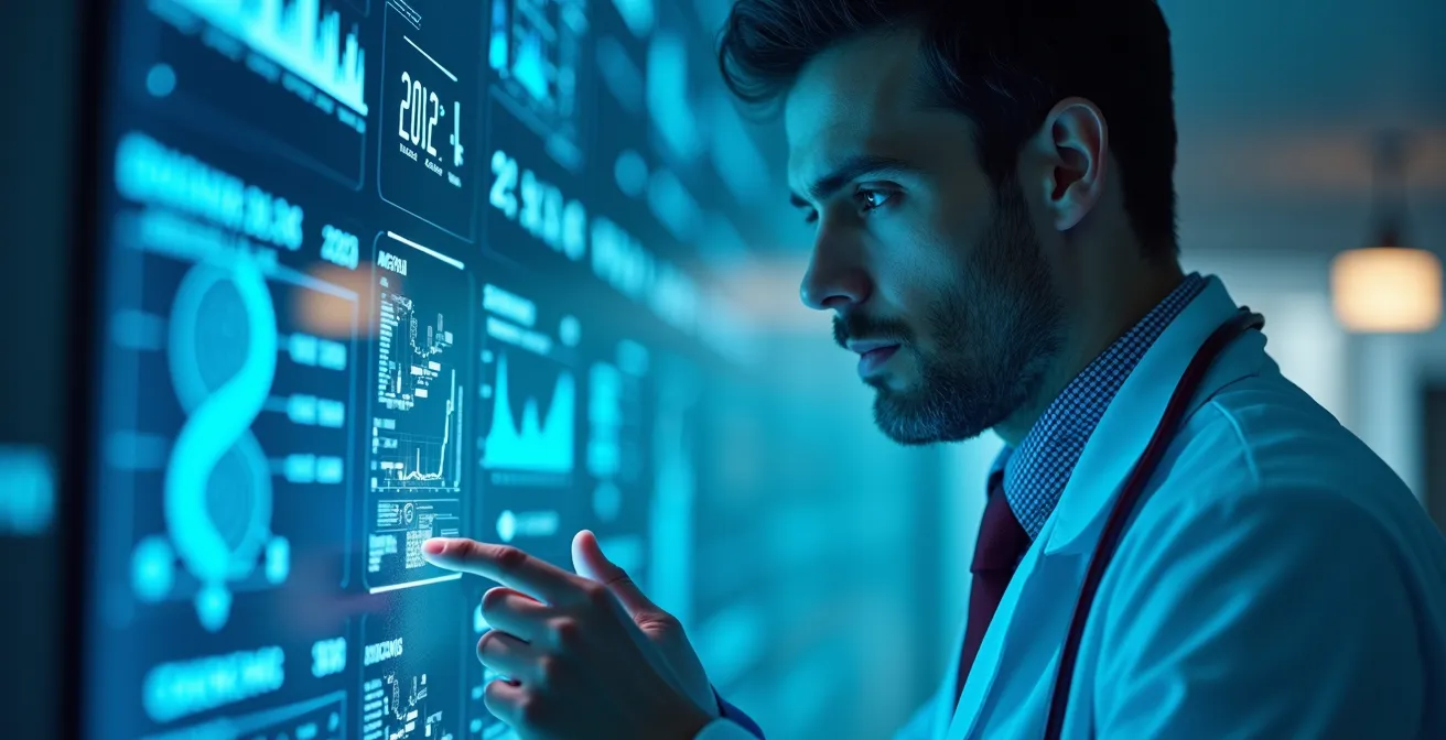Illustration symbolique montrant un médecin et une intelligence artificielle intégrée dans un environnement clinique futuriste au Québec