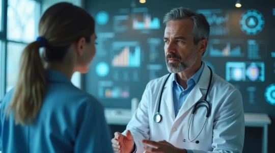 Visuel représentant un médecin québécois en consultation avec un patient, entouré d'éléments symbolisant la technologie médicale, les médicaments et l'intelligence artificielle