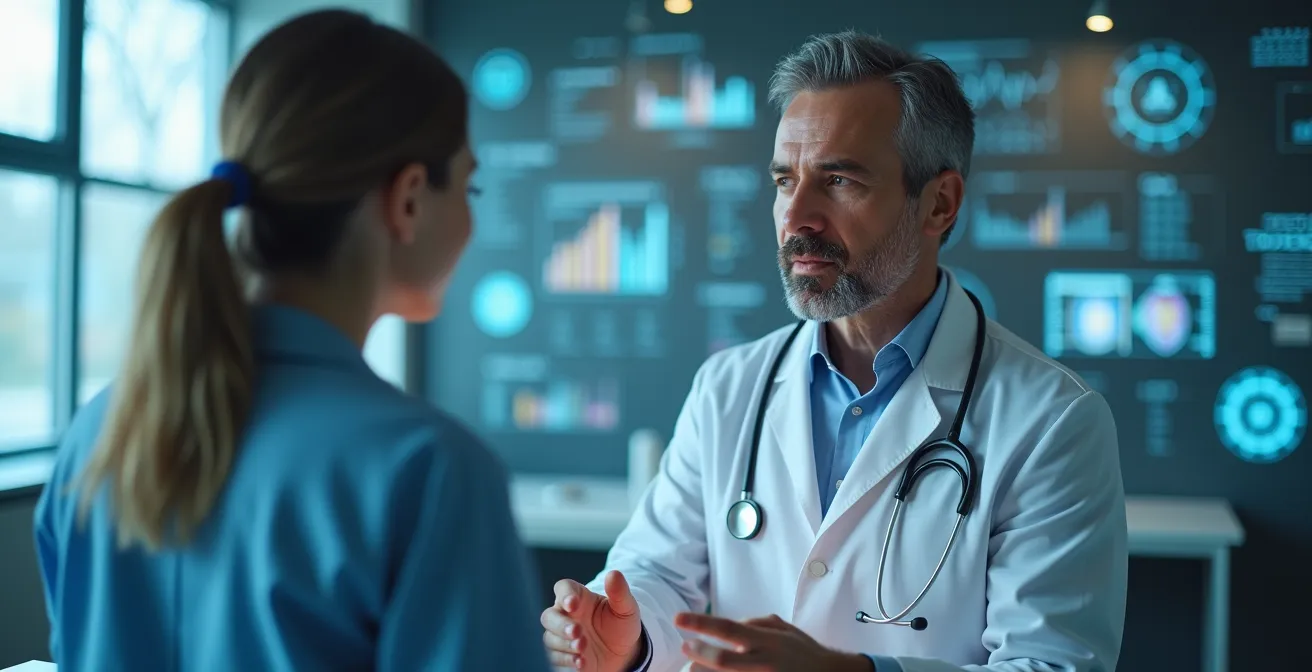 Visuel représentant un médecin québécois en consultation avec un patient, entouré d'éléments symbolisant la technologie médicale, les médicaments et l'intelligence artificielle