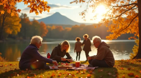 Personnes de tous âges, actives en plein air, dans un paysage typique du Québec, illustrant une vie saine.