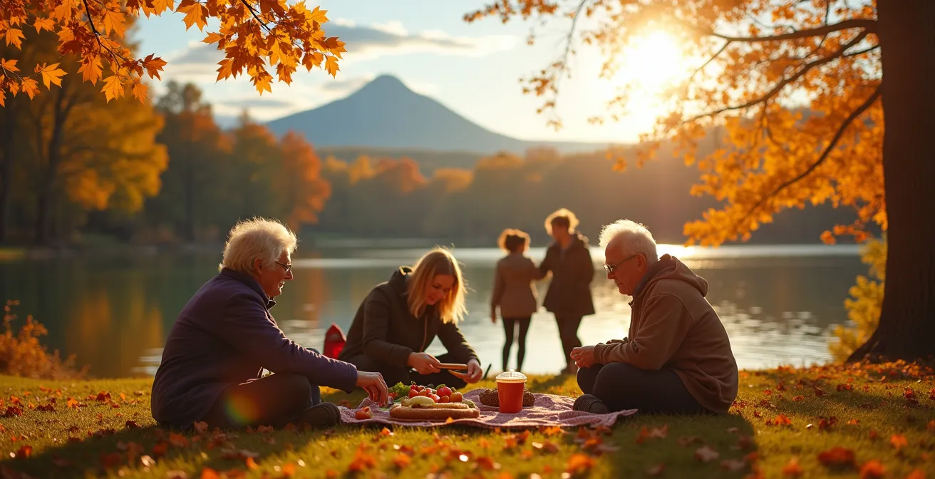 Personnes de tous âges, actives en plein air, dans un paysage typique du Québec, illustrant une vie saine.