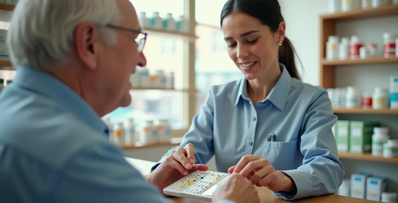 Pharmacien aidant un patient à organiser ses médicaments avec un pilulier dans une pharmacie moderne au Québec.