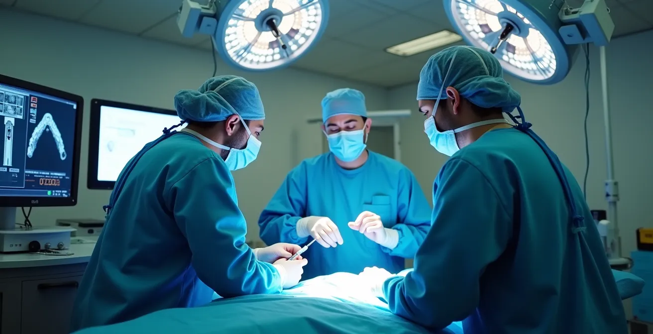 Robot chirurgical Da Vinci utilisé dans un bloc opératoire au Québec, vue centrée sur l’équipe médicale et la technologie.