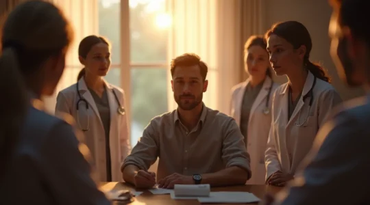 Illustration symbolique d'une personne recevant un soutien psychologique au Québec, avec divers professionnels représentés en arrière-plan