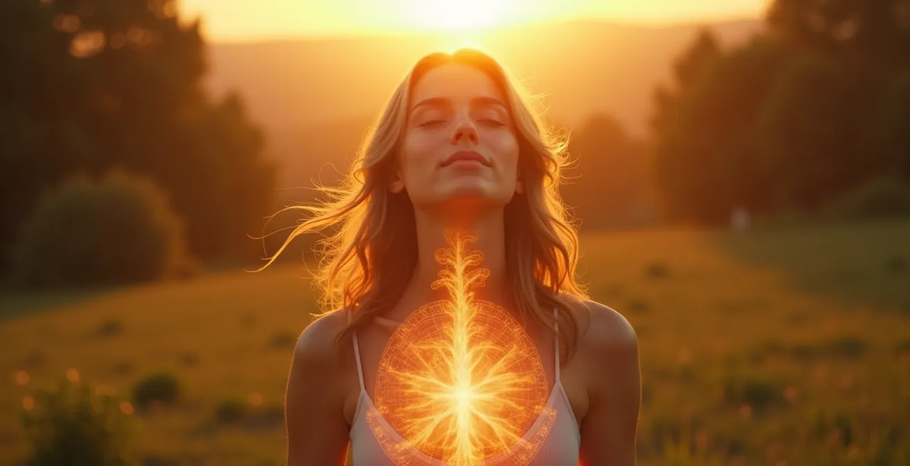 Illustration symbolique représentant une personne pratiquant des exercices de respiration consciente en nature, avec des flux d'air et lumières apaisantes autour
