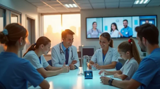 Personnes utilisant des technologies médicales avancées dans un hôpital au Québec, symbolisant l'innovation et l'accessibilité en santé.