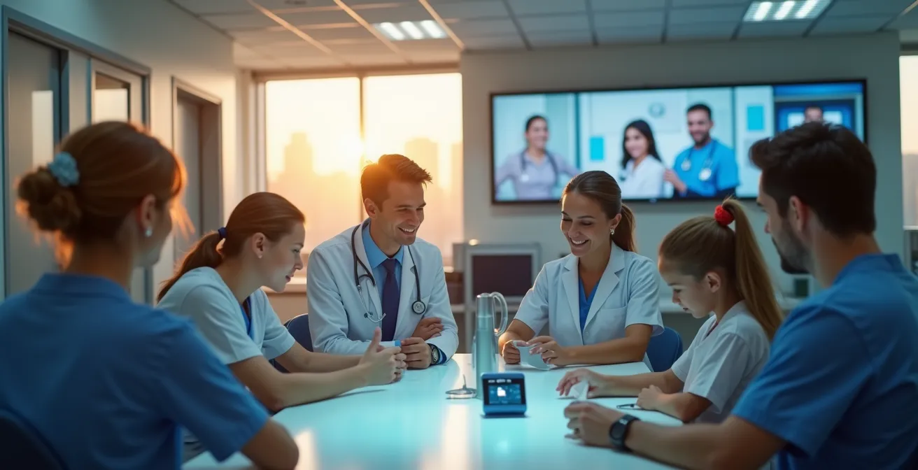 Personnes utilisant des technologies médicales avancées dans un hôpital au Québec, symbolisant l'innovation et l'accessibilité en santé.