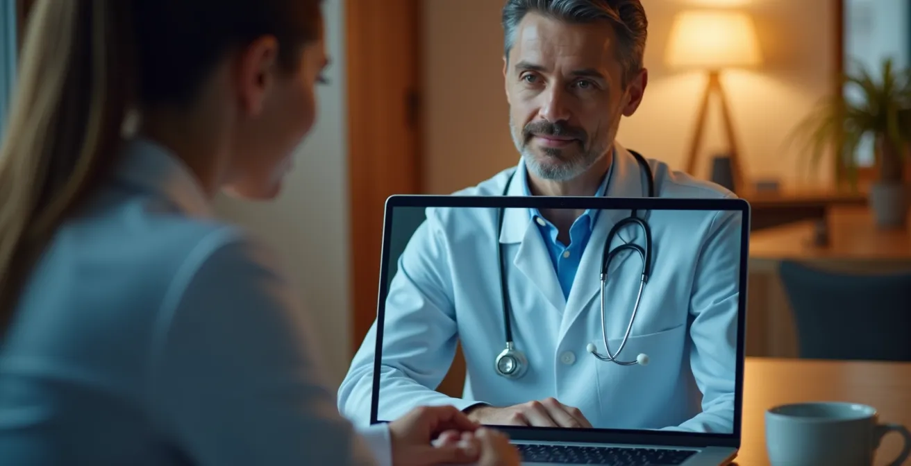 Patient en téléconsultation avec son médecin, montrant une communication empathique et confiance