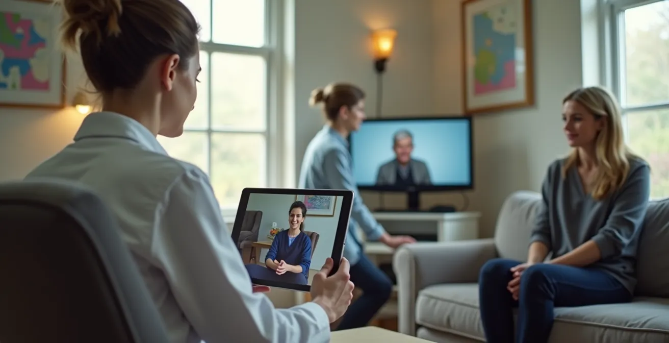 Une médecin en vidéoconsultation avec un patient rural du Québec sur tablette, symbolisant la télémédecine hybride.