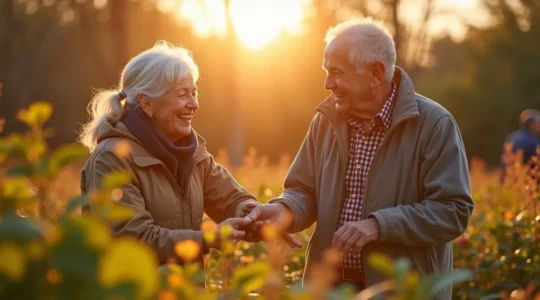 Personnes âgées actives au Québec pratiquant des activités de bien-être dans un environnement naturel, symbolisant la prévention et la santé durable