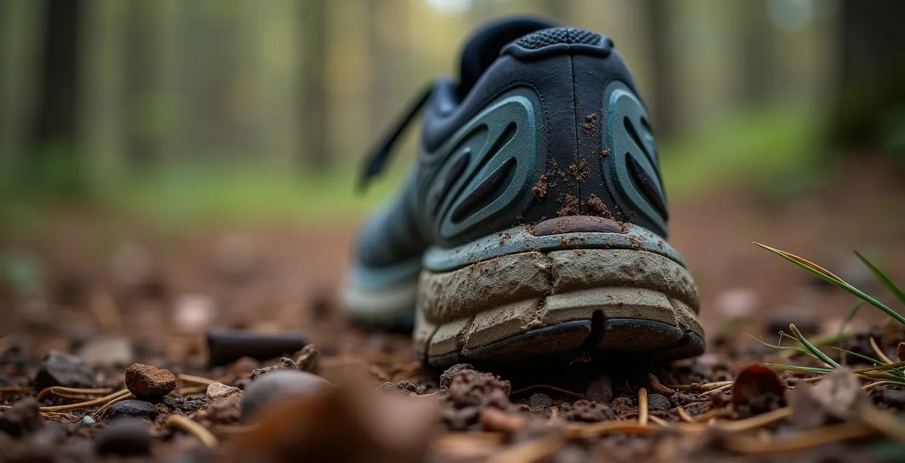 Détail macro d'une chaussure de course usée, symbolisant l'usure liée à l'addiction à l'exercice.