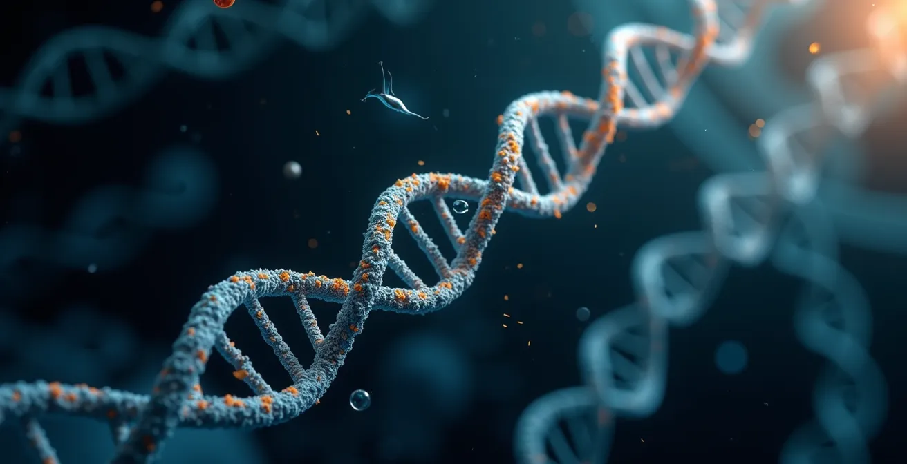 Double hélice d'ADN se déroulant avec des brins d'ARN messager émergeant dans un environnement cellulaire