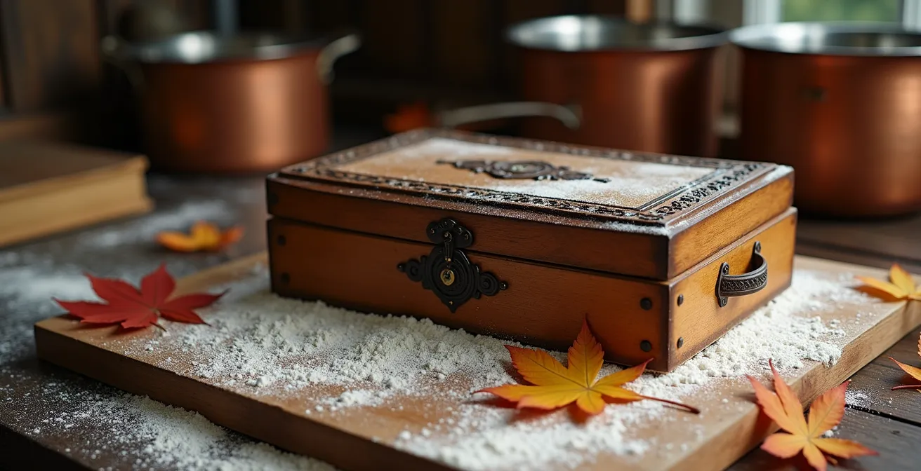 Représentation artistique du processus de transcription de l'ADN avec des éléments évoquant une cuisine traditionnelle québécoise