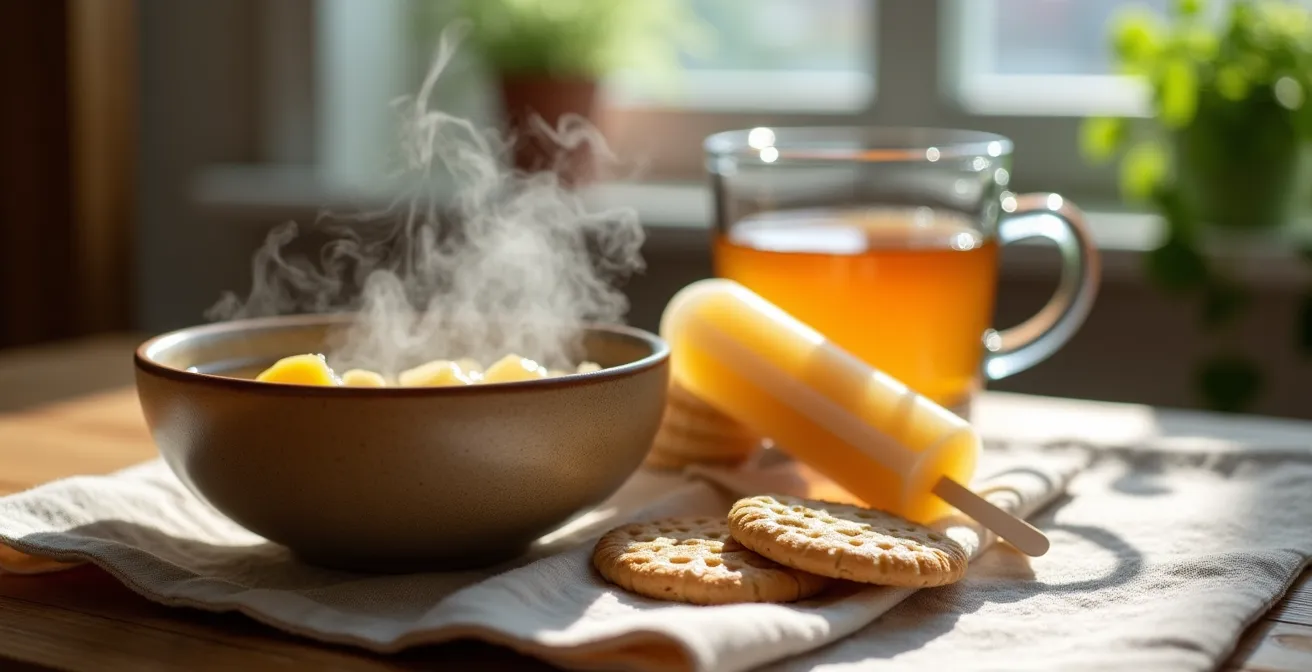 Arrangement d'aliments réconfortants québécois sur une table incluant tisane au gingembre et bouillon clair