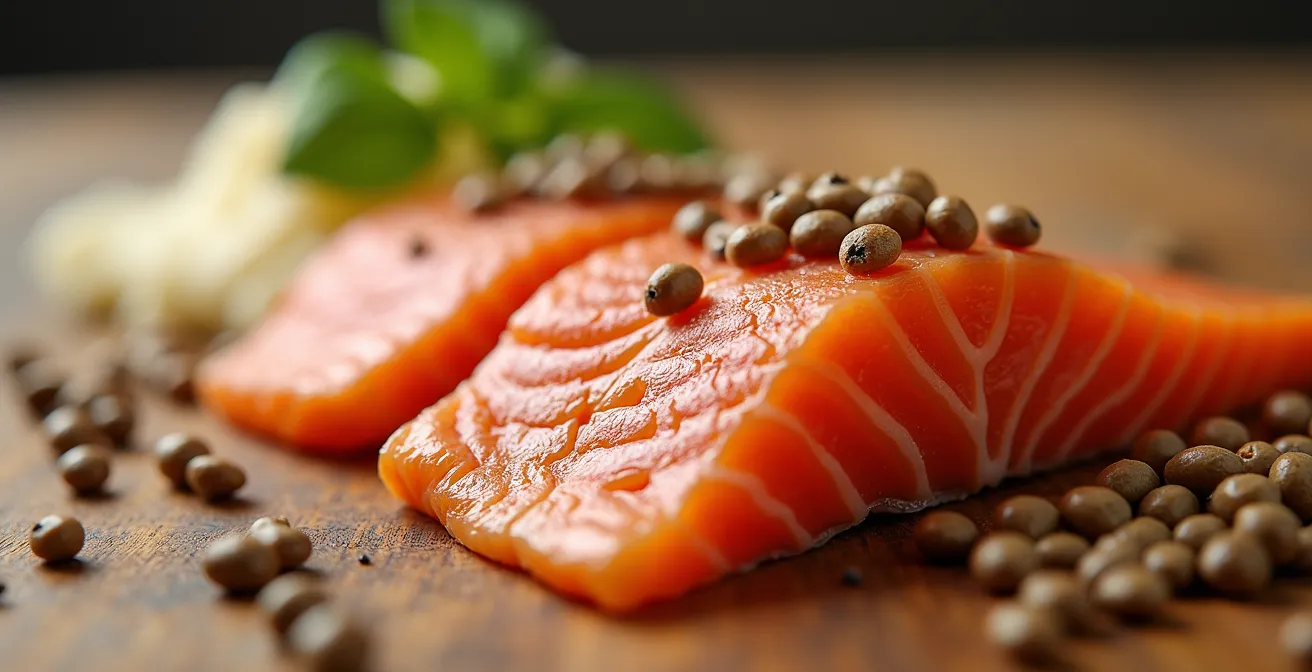 Composition artistique d'aliments riches en protéines typiquement canadiens arrangés sur une surface en bois d'érable