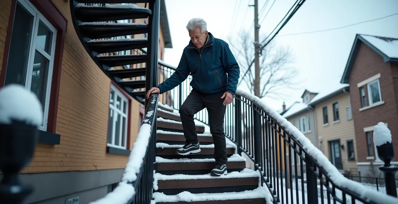 Personne âgée montant des escaliers extérieurs typiques du Québec en hiver