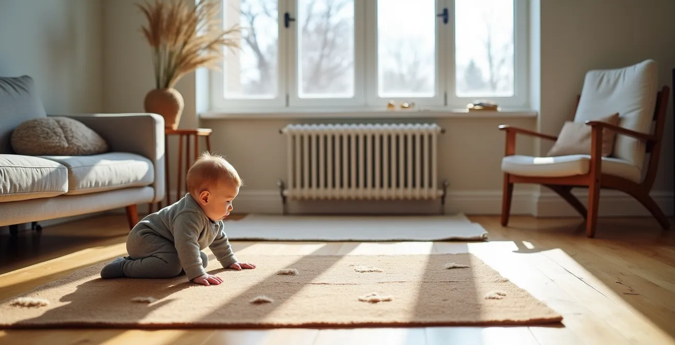 Bébé explorant librement différentes textures au sol dans un appartement québécois