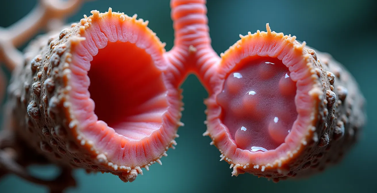 Comparaison visuelle entre des bronches normales et des bronches durant une crise d'asthme montrant l'inflammation et le rétrécissement