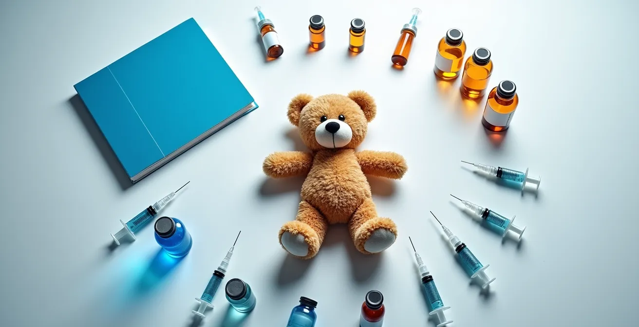 Carnet de vaccination bleu du Québec avec seringues et environnement médical