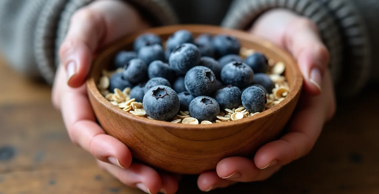 Vue macro détaillée d'une main tenant des aliments anti-stress locaux québécois