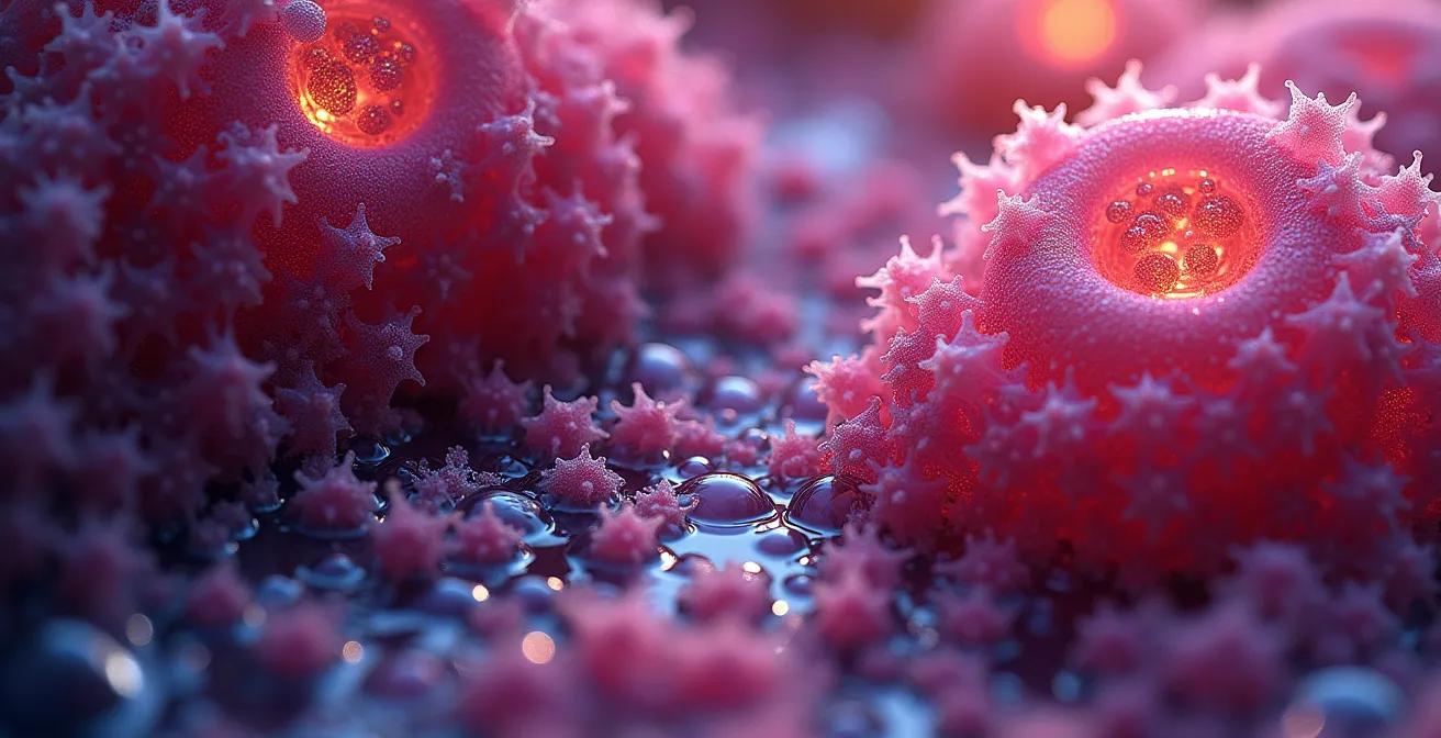 Vue macro d'une texture cellulaire abstraite évoquant la division cellulaire anarchique