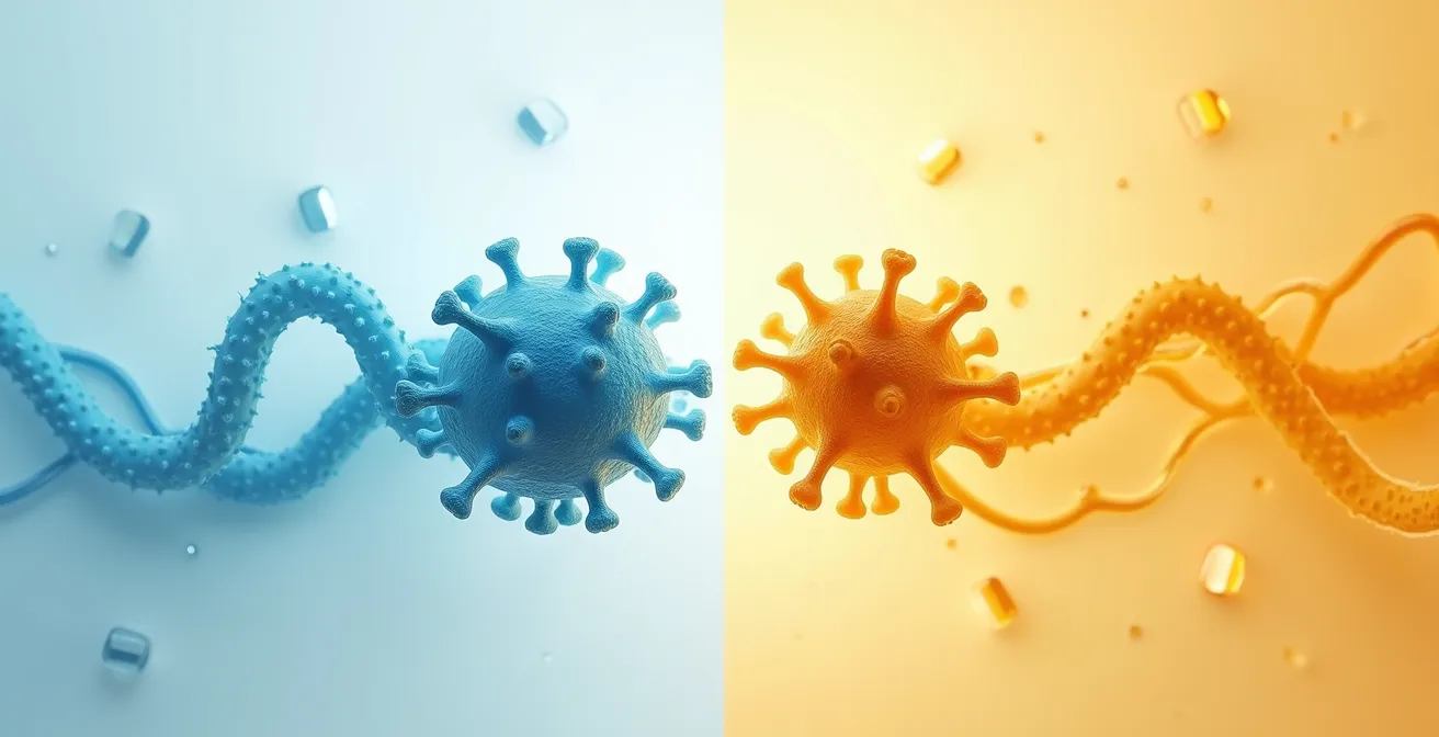 Représentation visuelle comparative montrant deux approches thérapeutiques : une attaque directe versus un renforcement des défenses