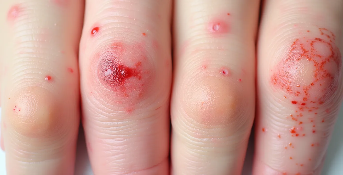 Gros plan macro sur différentes textures de peau présentant diverses éruptions cutanées infantiles