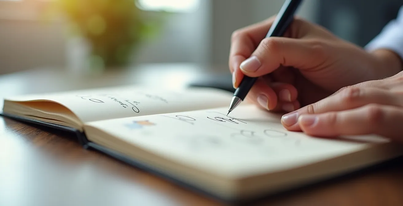 Gros plan sur mains tenant carnet de notes avec stylo durant consultation médicale