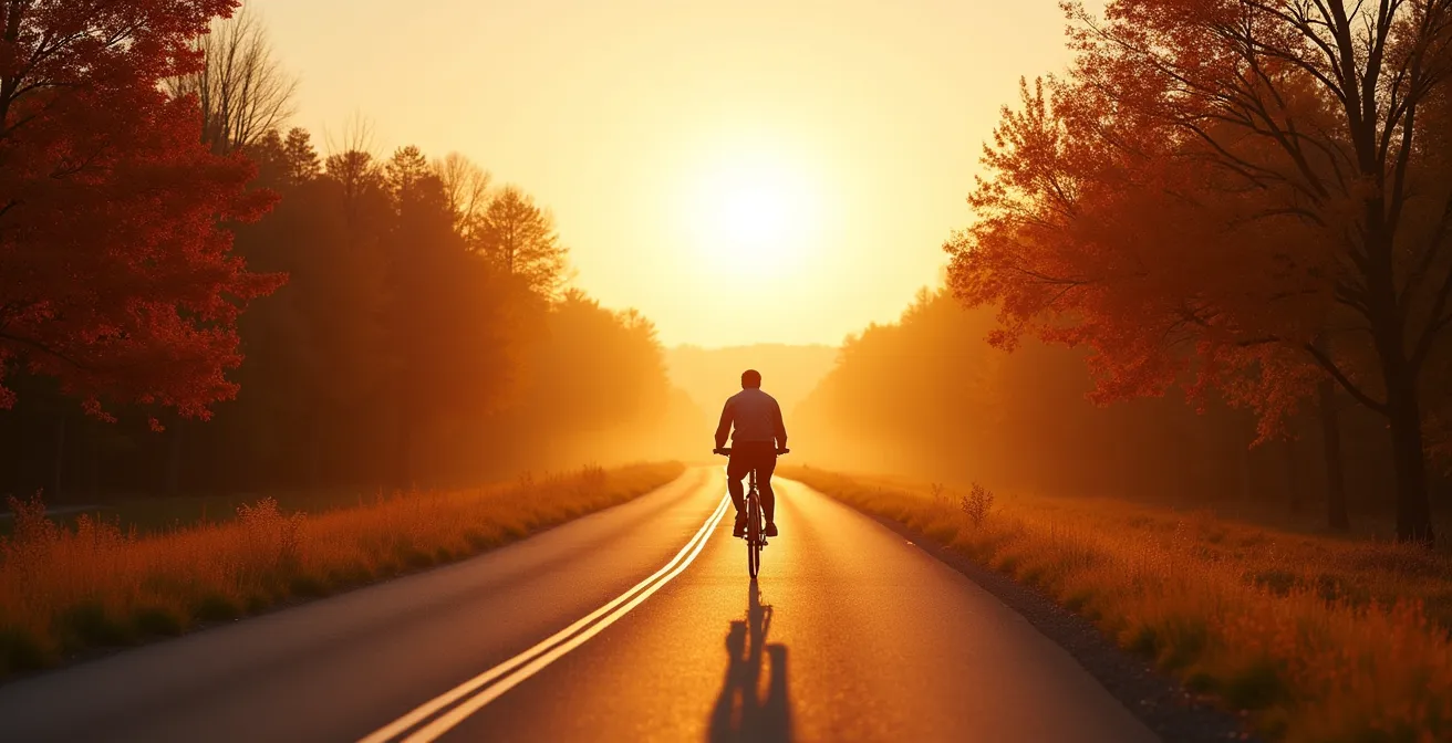 Cycliste pédalant sur une piste cyclable québécoise entourée d'érables en automne