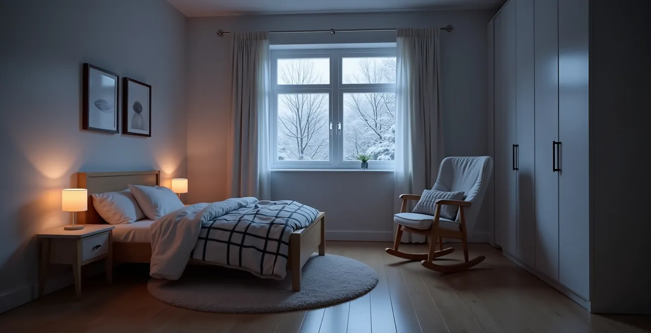Chambre d'enfant apaisante au Québec avec lumière douce et atmosphère sereine